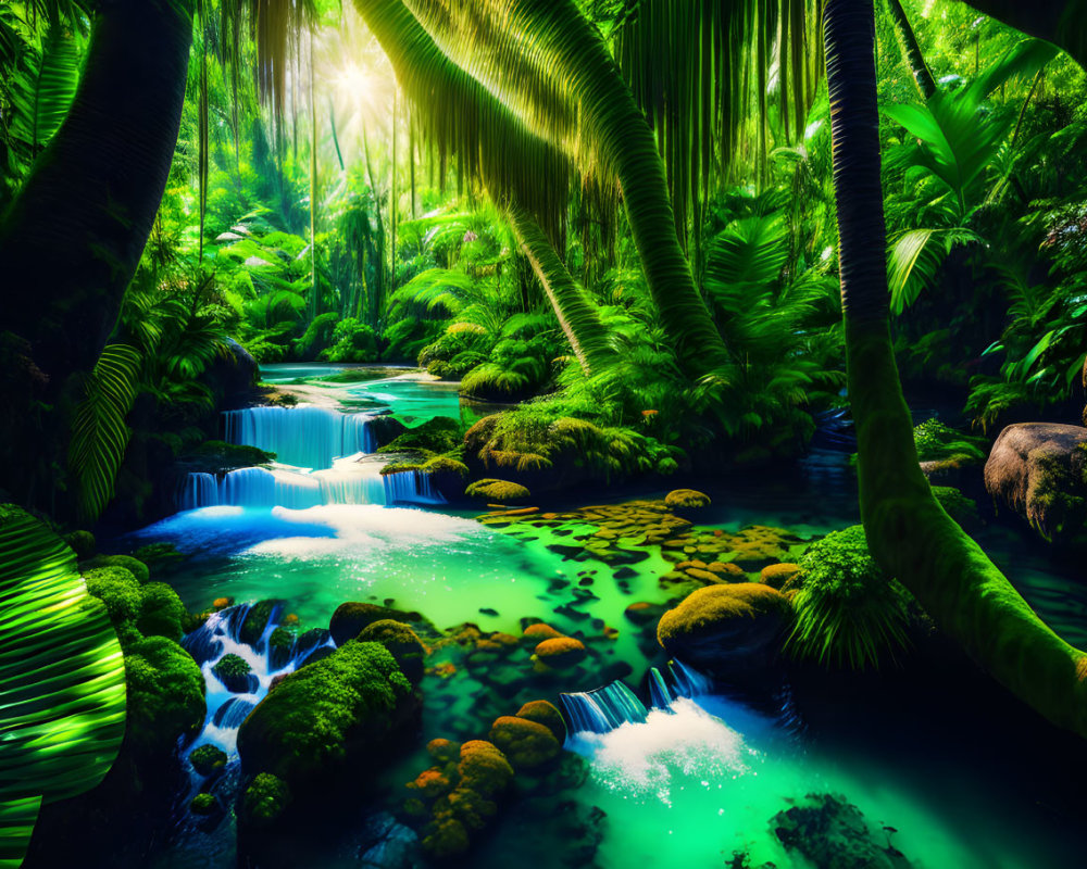 Vibrant Green Foliage in Lush Rainforest with Turquoise Stream