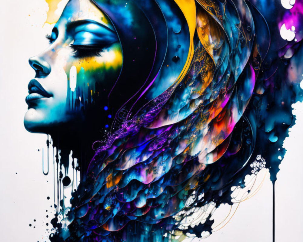 Colorful Abstract Side Profile of a Woman with Dripping Paint