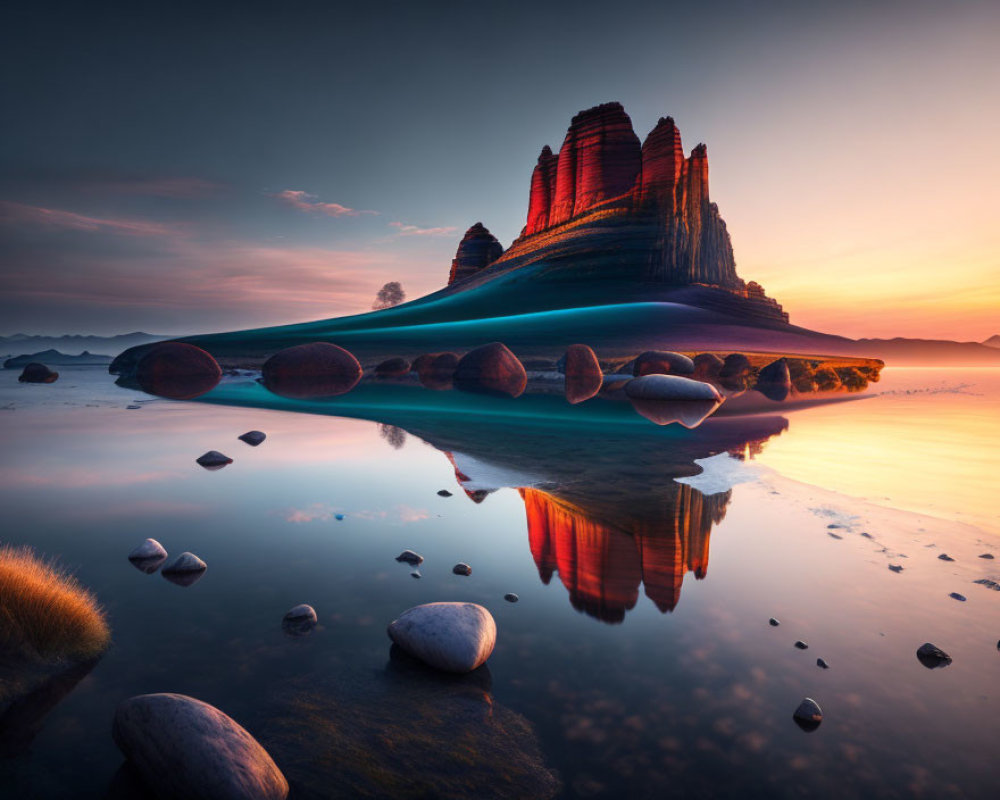Tranquil sunset landscape with layered rock formation reflected in water