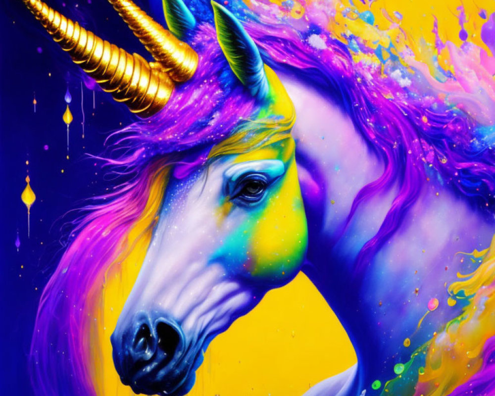 Colorful Unicorn Painting with Golden Horn in Purple and Blue Hues