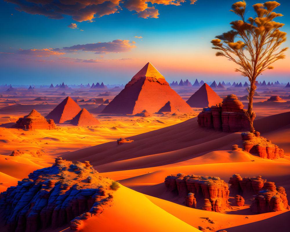 Vibrant desert landscape with pyramids, rock formations, lone tree under blue sky