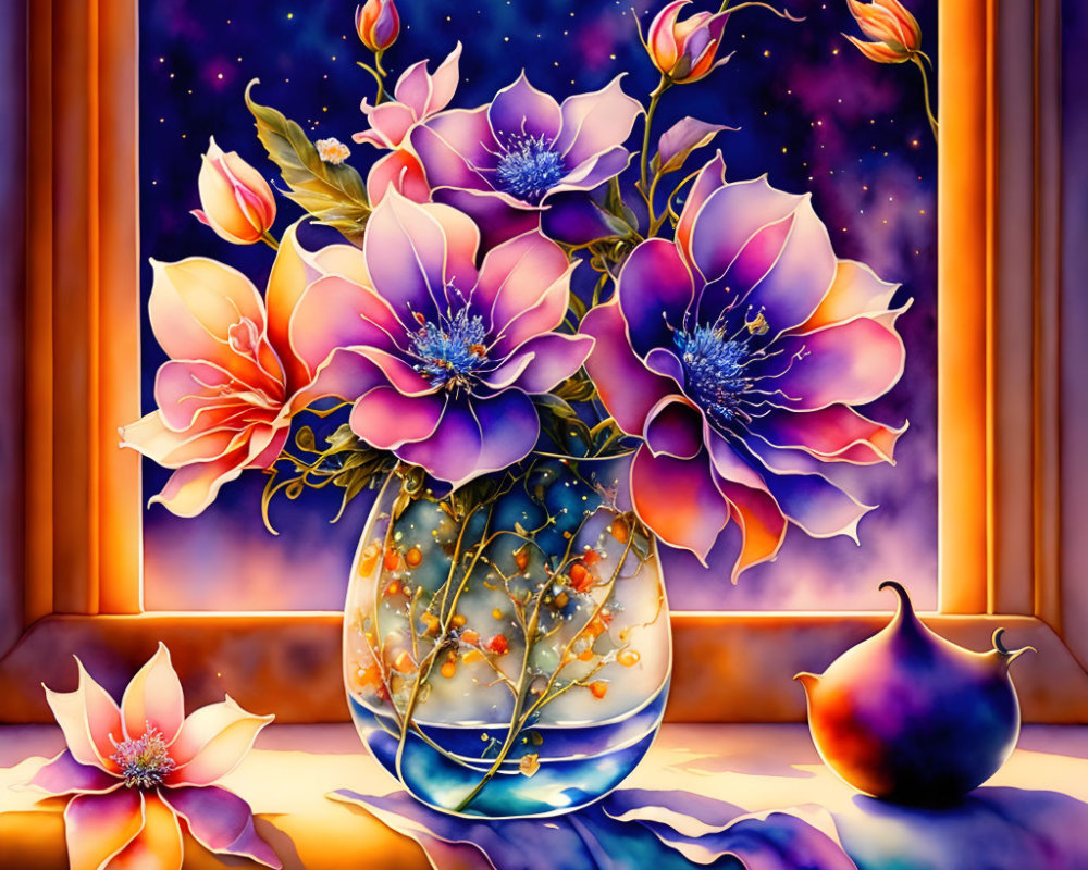 Colorful floral still life painting with cosmic background and draped cloth on wooden surface