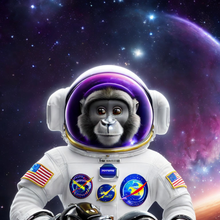 Monkey in astronaut suit in space with Earth in background