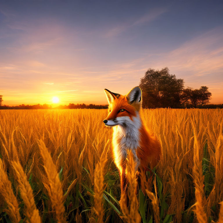Red Fox in Golden Wheat Field at Vibrant Sunset