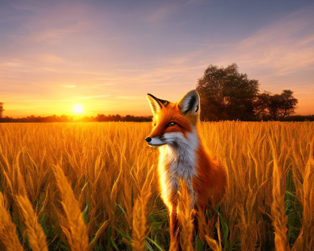 Red Fox in Golden Wheat Field at Vibrant Sunset