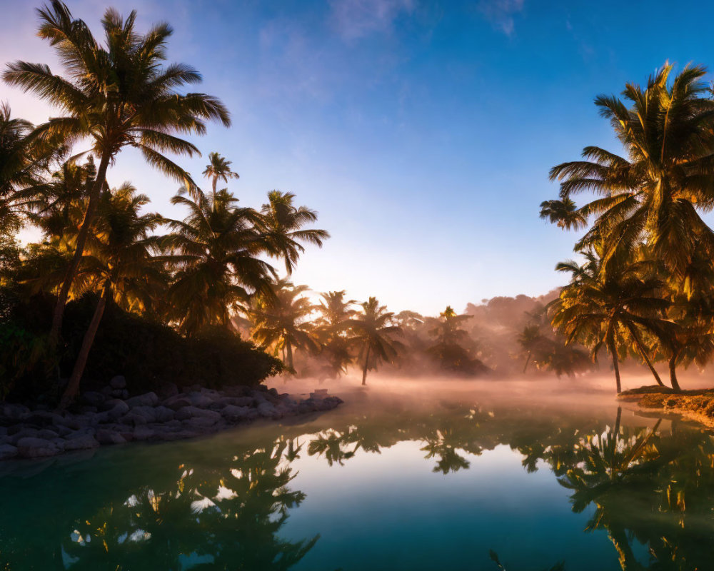 Serene sunrise scene: palm trees reflected in misty water under warm sky