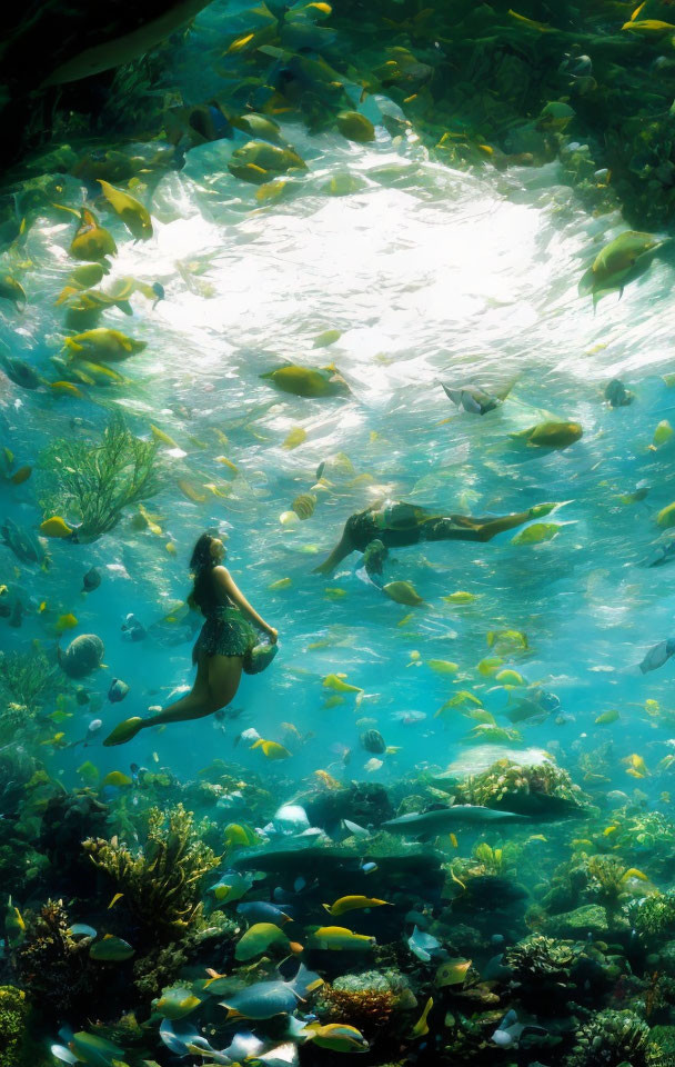 Underwater scene with two people swimming among colorful fish