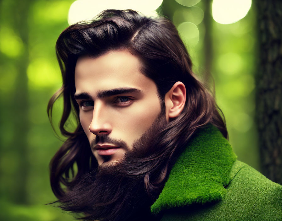 Man with Thick Beard and Long Hair in Green Coat in Lush Forest
