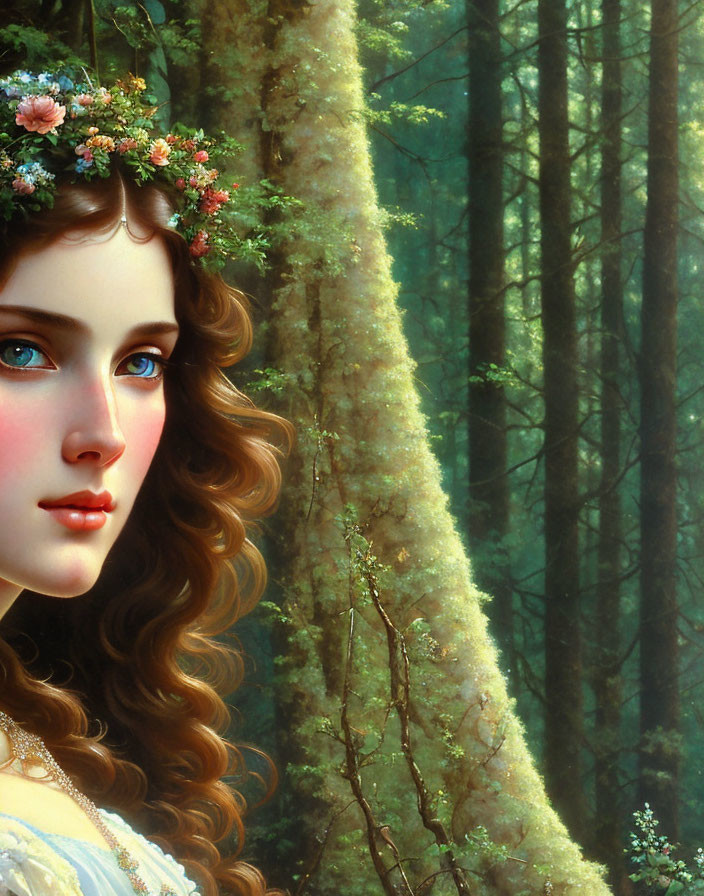 Portrait of a Woman with Floral Crown and Forest Background