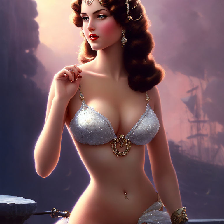 Fantasy-themed illustration of woman in sparkly attire with mystical landscape