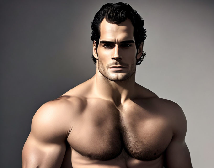 Muscular Male 3D Rendering with Dark Hair and Strong Jawline