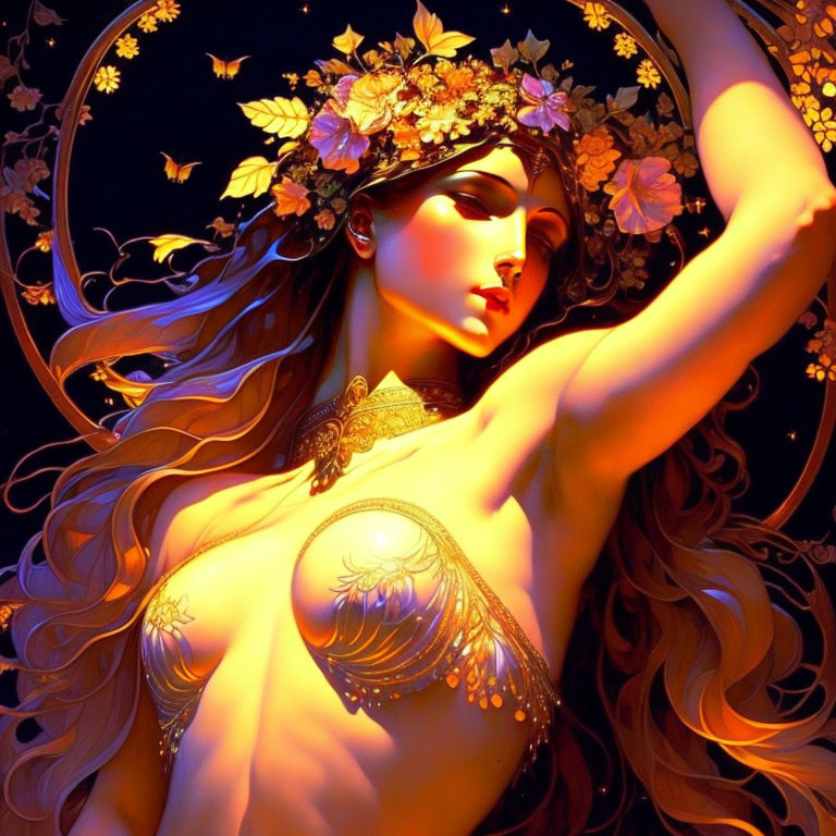 Illustrated feminine figure with floral hair and golden attire on starry blue backdrop