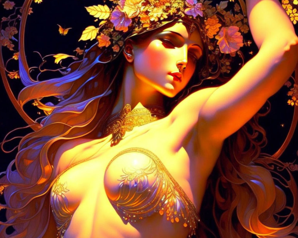 Illustrated feminine figure with floral hair and golden attire on starry blue backdrop