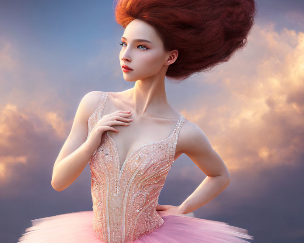 Exaggerated red-haired ballet dancer in bejeweled costume at twilight