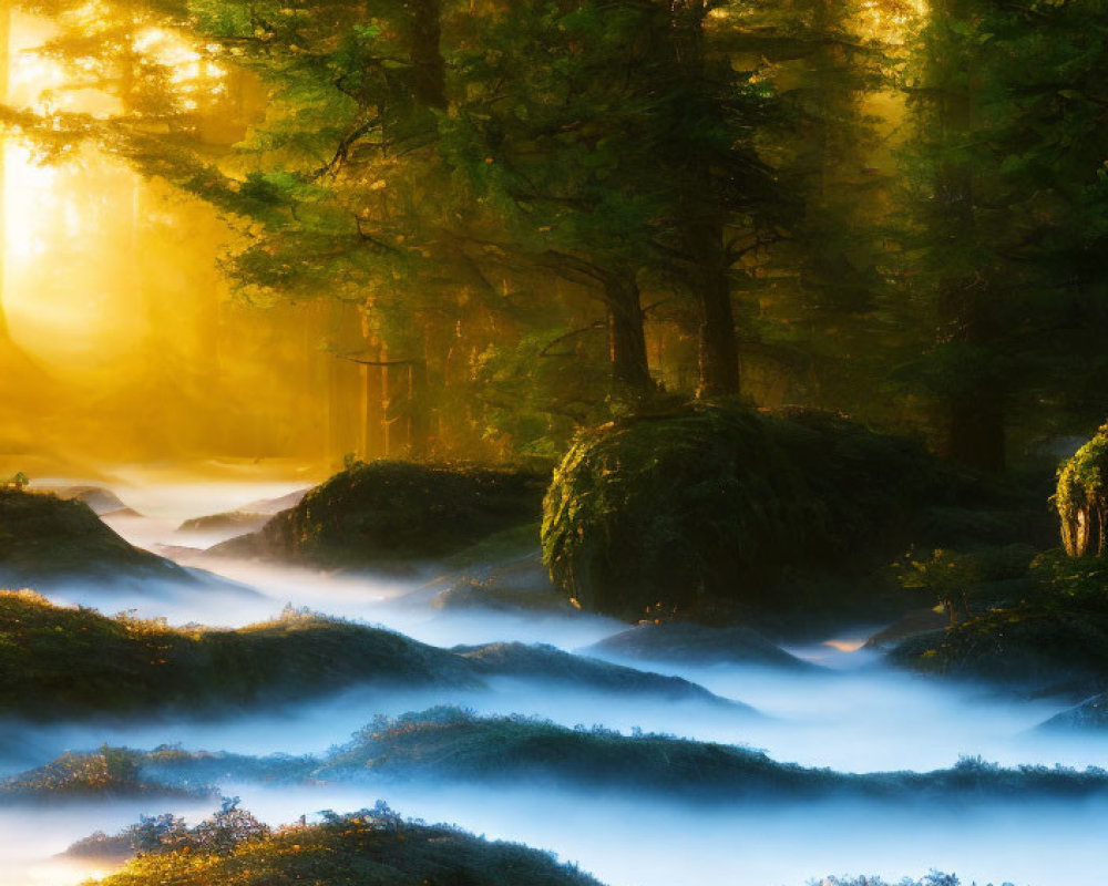 Sunlit Misty Forest with Winding Stream and Undulating Terrain