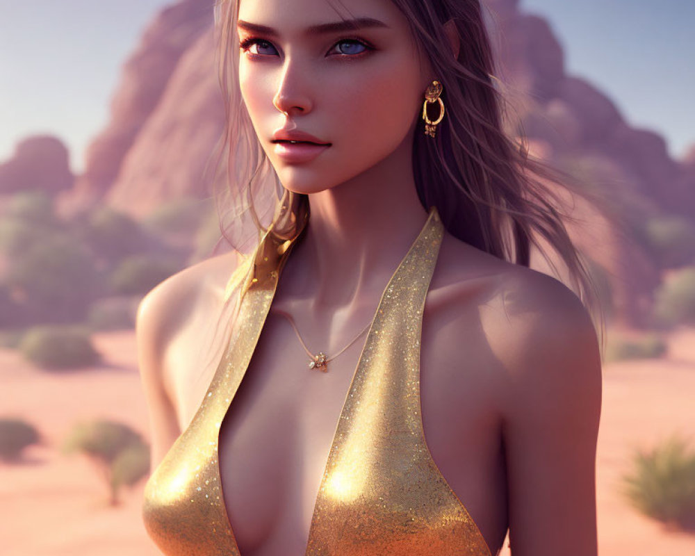 Digital portrait of woman with blue eyes in golden attire against desert backdrop