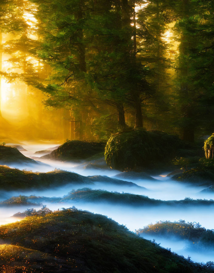 Sunlit Misty Forest with Winding Stream and Undulating Terrain