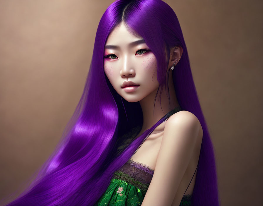 Digital artwork featuring woman with purple hair, green eyes, and lace garment