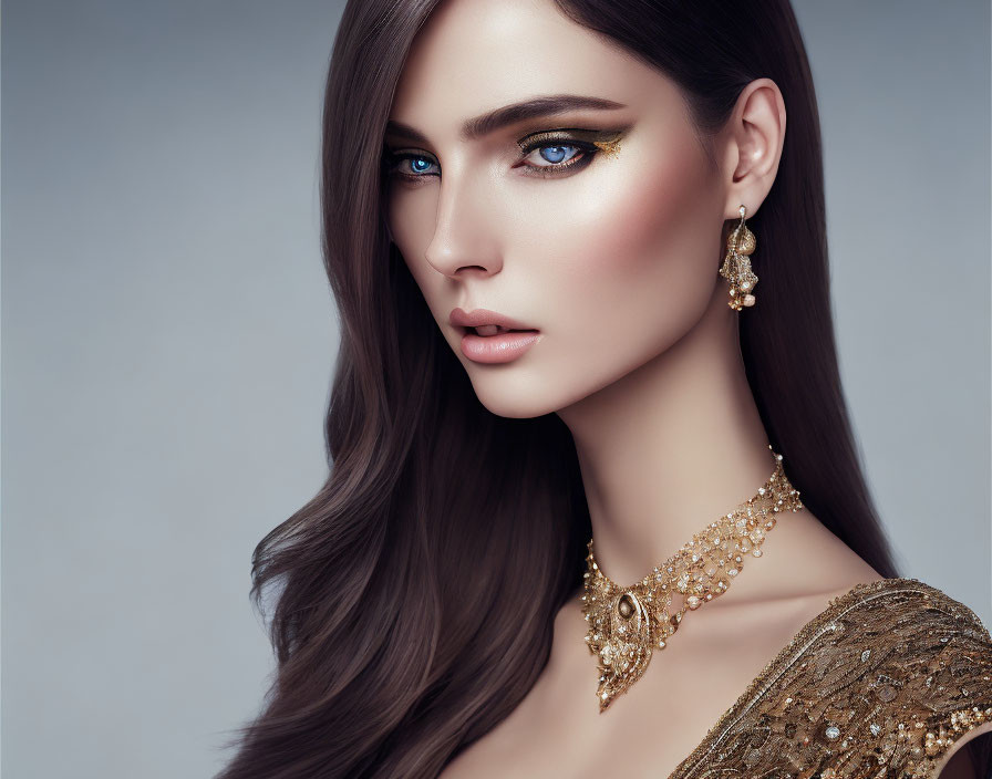 Woman with long brown hair and blue eyes in dramatic makeup and golden jewelry gazes at camera