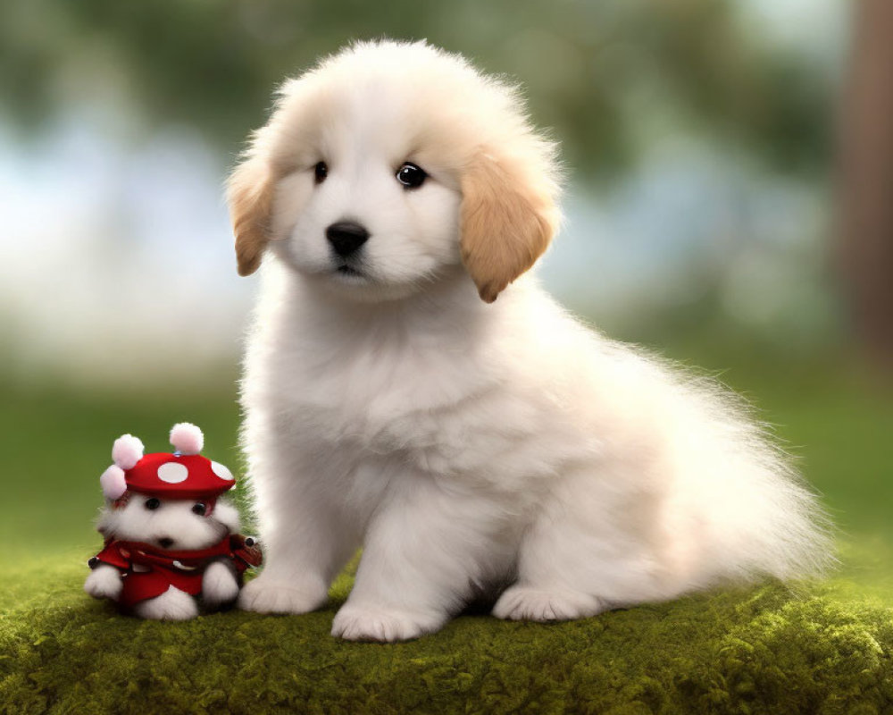 Fluffy White Puppy with Cartoon Character Toy on Mossy Surface