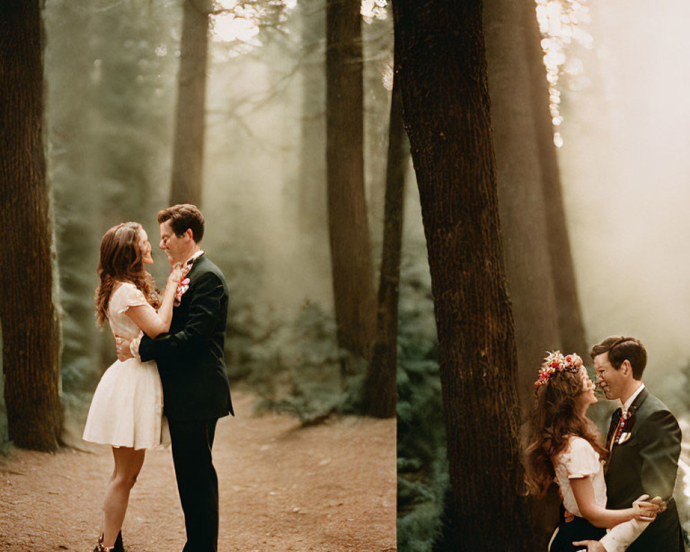 Formal Attire Couple Embrace in Misty Forest