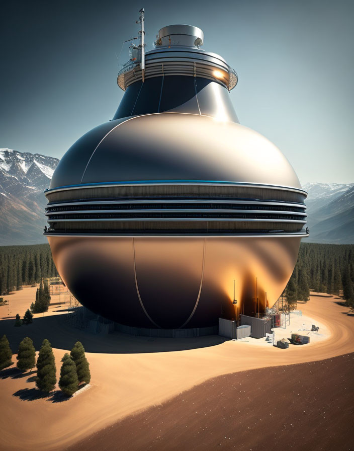 Futuristic spherical building with metallic finish among trees and mountains