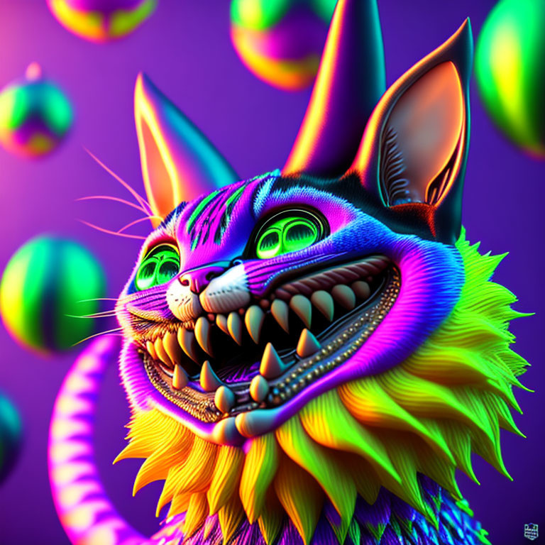 Colorful Stylized Cat Art with Exaggerated Features and Sharp Teeth