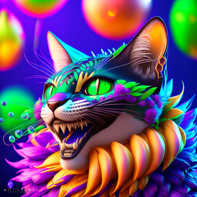 Colorful 3D Cat Illustration with Floral and Bubble Details
