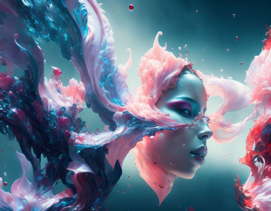 Vibrant surreal portrait of a woman with flowing hair in vivid blues and pinks