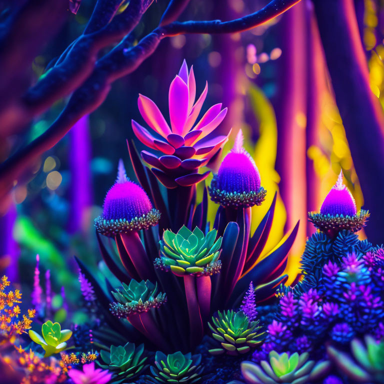 Fantastical Neon-Lit Garden with Surreal Succulents and Flora