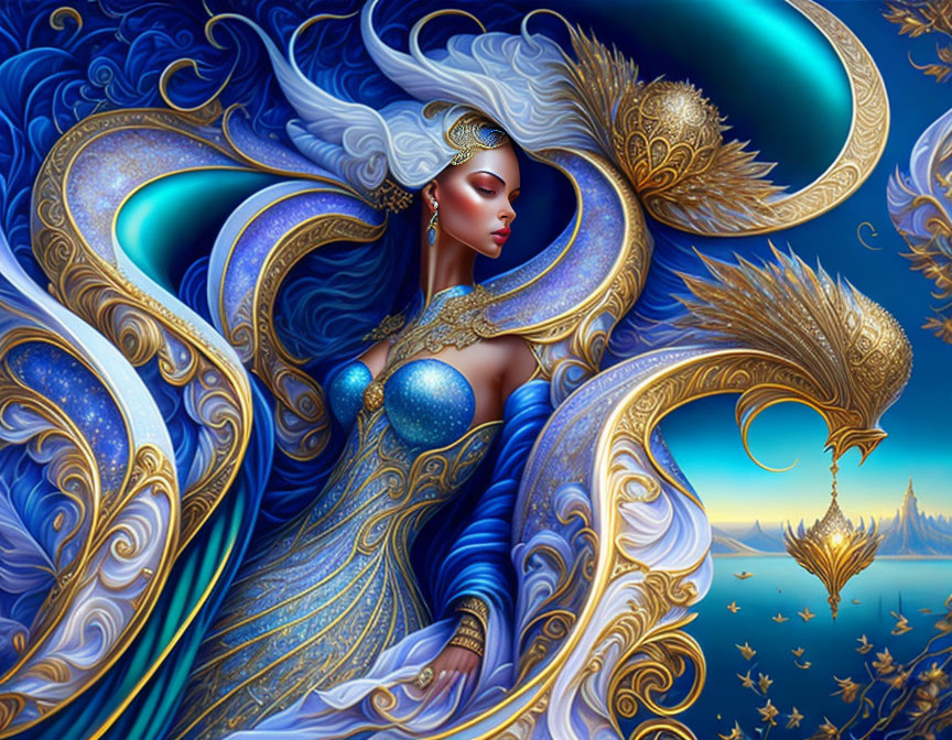 Fantasy illustration of woman in ornate blue gown with golden peacock and floating islands