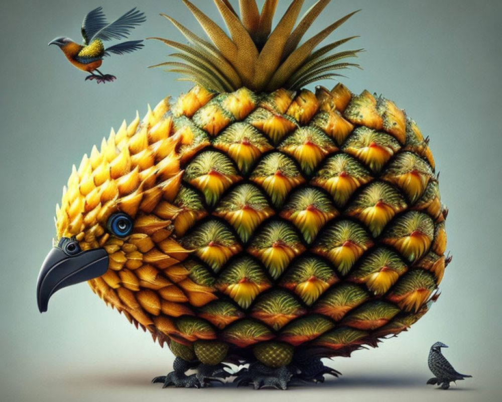 Digital artwork: Pineapple with bird features and two small birds