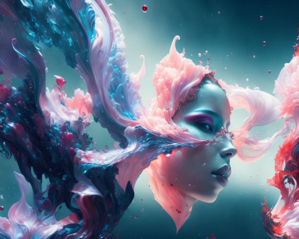 Vibrant surreal portrait of a woman with flowing hair in vivid blues and pinks