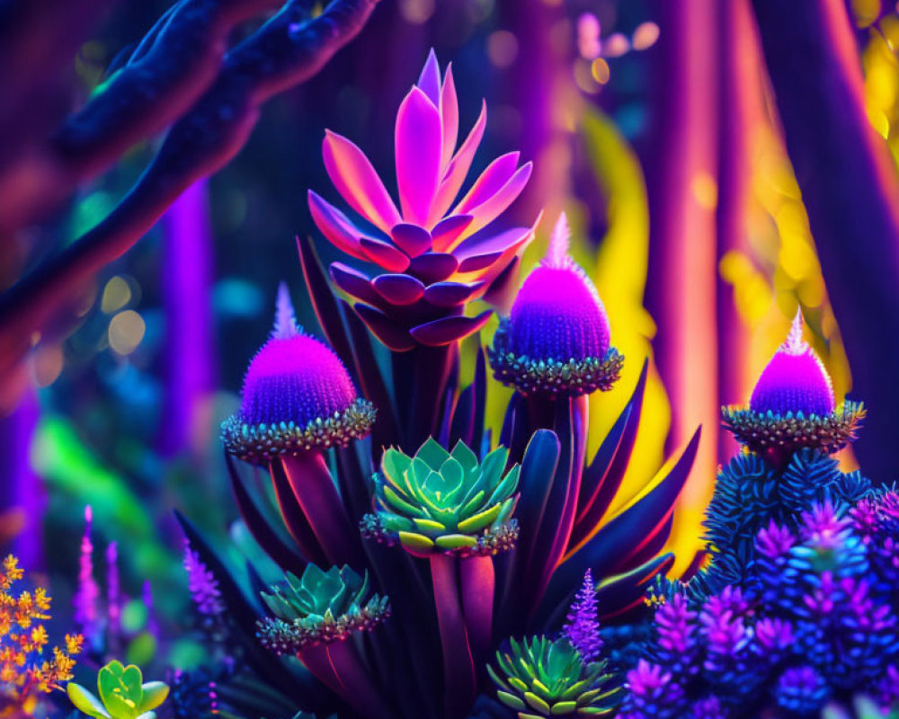 Fantastical Neon-Lit Garden with Surreal Succulents and Flora