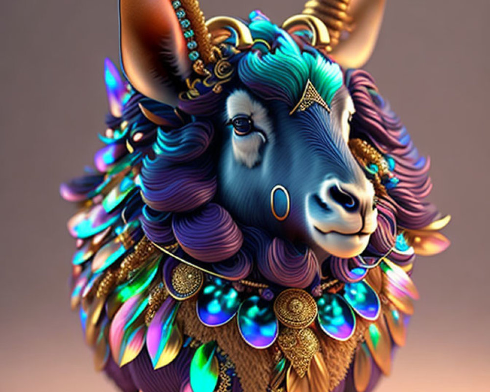 Vibrant blue ram with golden horns and ornate jewelry