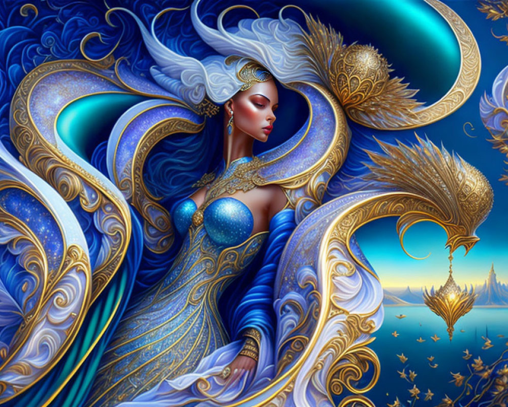 Fantasy illustration of woman in ornate blue gown with golden peacock and floating islands