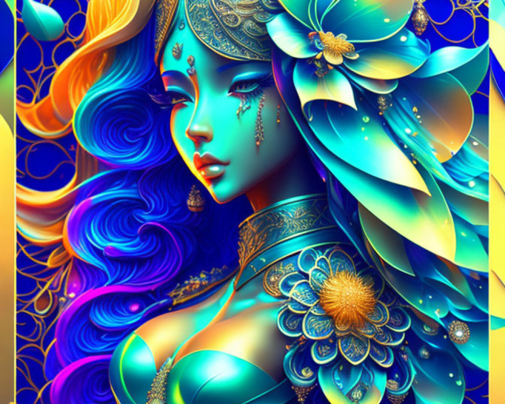 Colorful digital artwork of woman with blue & gold hair, floral headdress & armor.