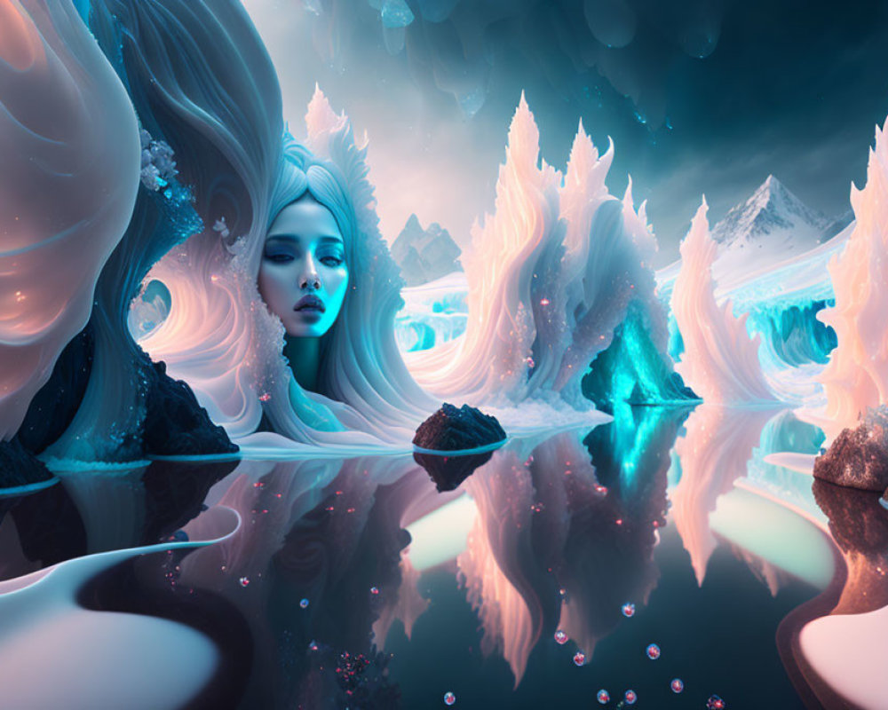 Surreal portrait of woman fused with icy landscape scenery