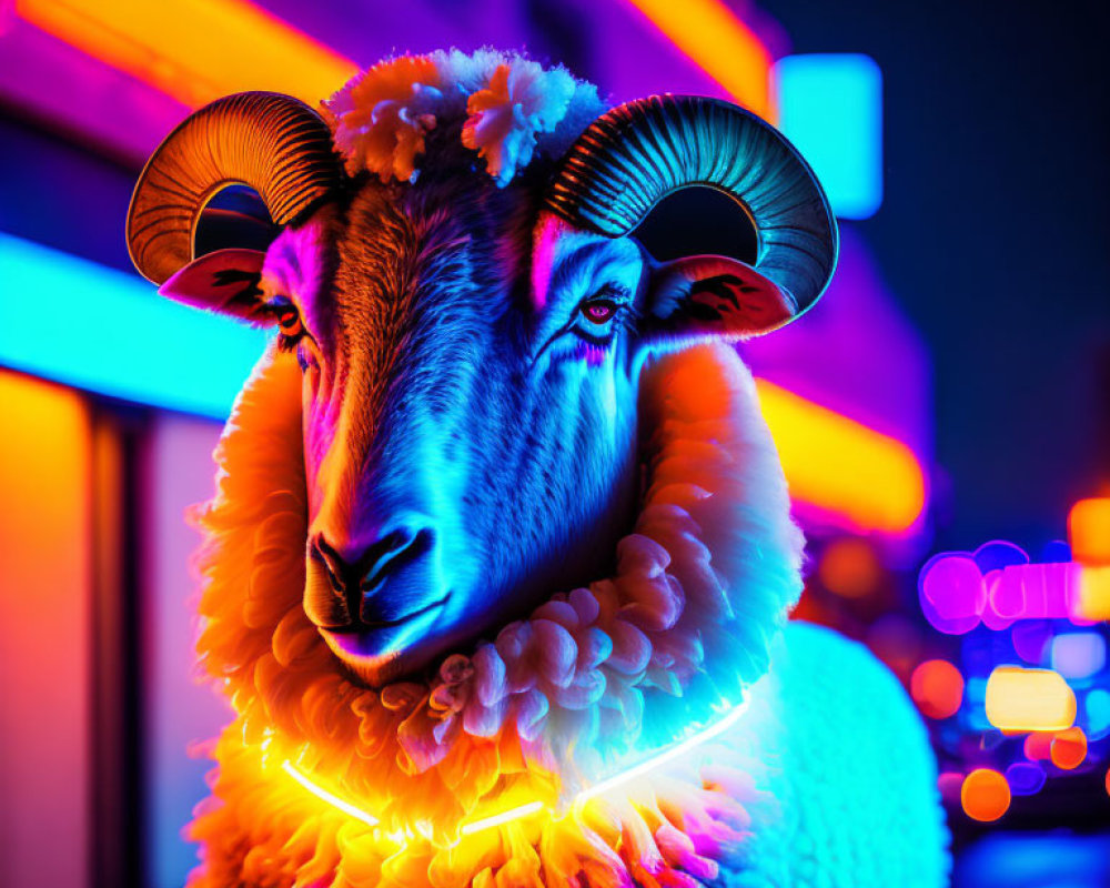 Colorful neon-lit sheep portrait against city nightscape background