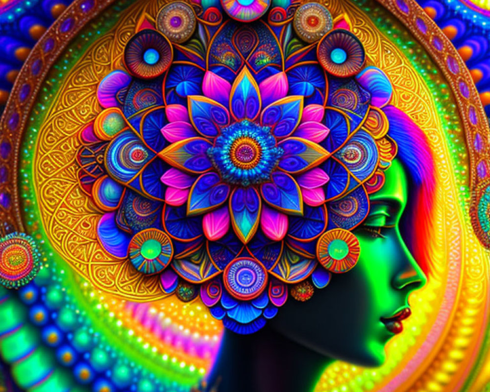 Colorful profile view digital art with psychedelic patterns and floral mandalas.