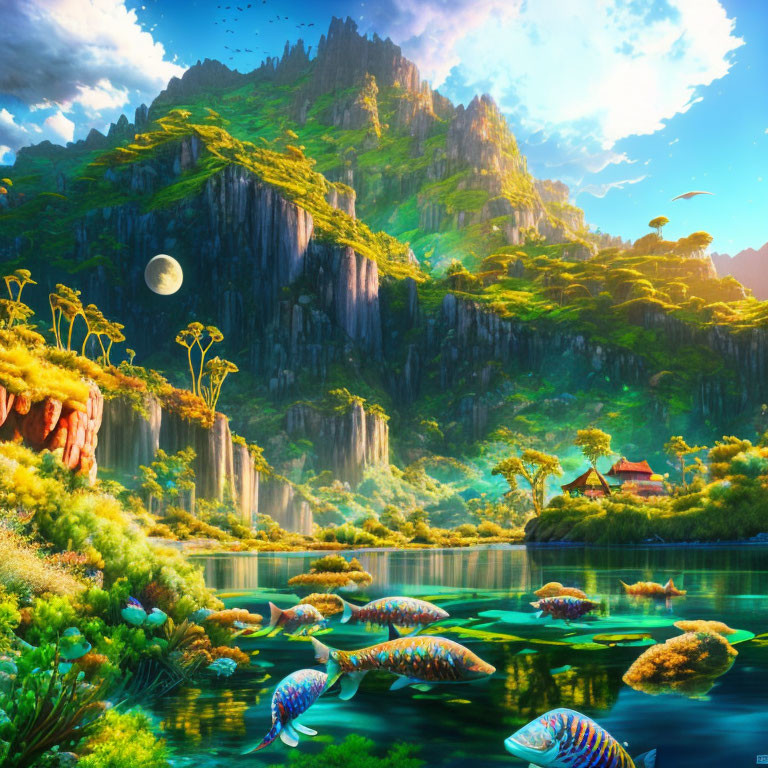 Colorful Fish and Serene Lake in Vibrant Fantasy Landscape