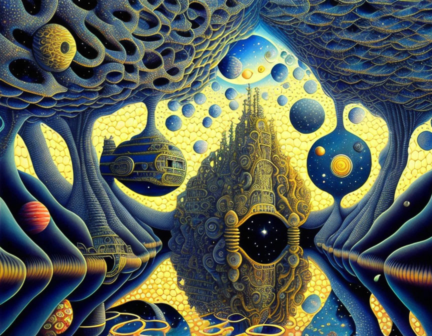 Detailed Alien City Surrounded by Celestial Bodies in Fractal Style