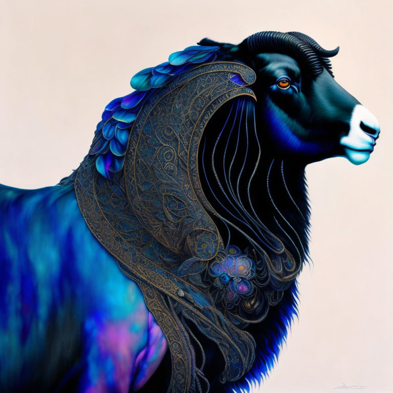 Vibrant ram depiction with blue feathers and intricate patterns