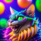 Colorful 3D Cat Illustration with Floral and Bubble Details