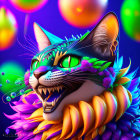 Colorful Stylized Cat Art with Exaggerated Features and Sharp Teeth