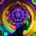Colorful profile view digital art with psychedelic patterns and floral mandalas.
