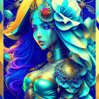 Colorful digital artwork of woman with blue & gold hair, floral headdress & armor.