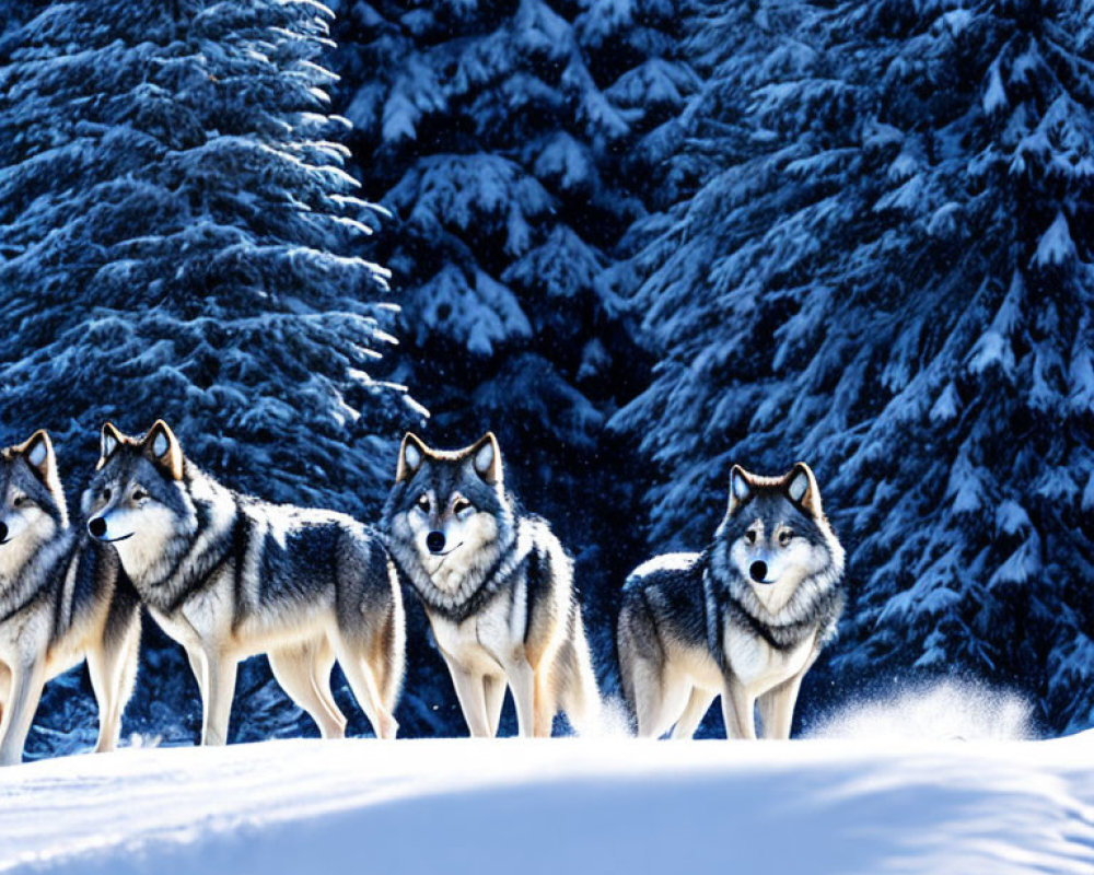 Group of wolves in snow-covered forest scenery.