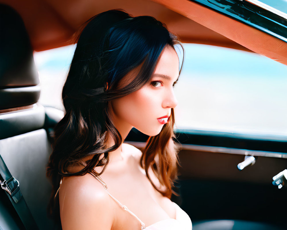 Dark-Haired Woman in White Dress Sitting in Car with Thoughtful Expression