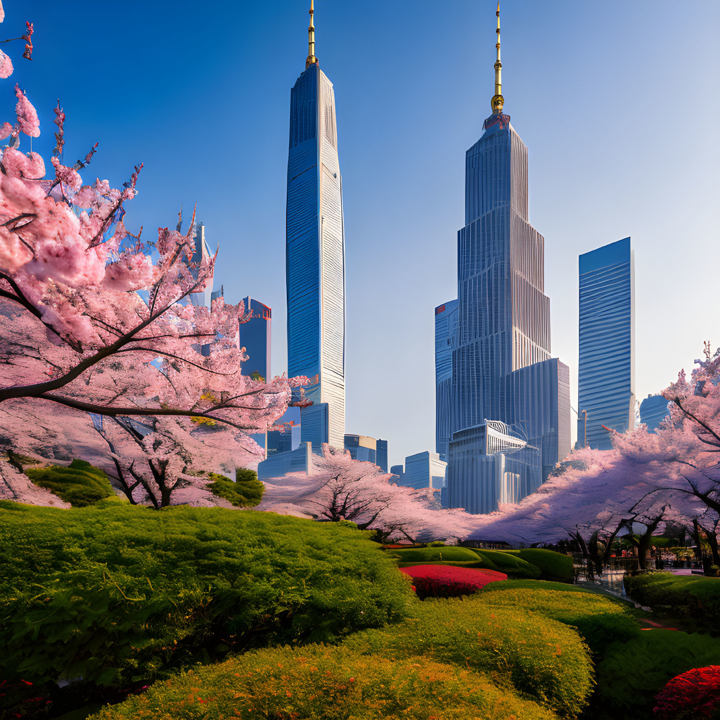 Cherry Blossoms in Bloom with Modern Skyscrapers and Blue Sky